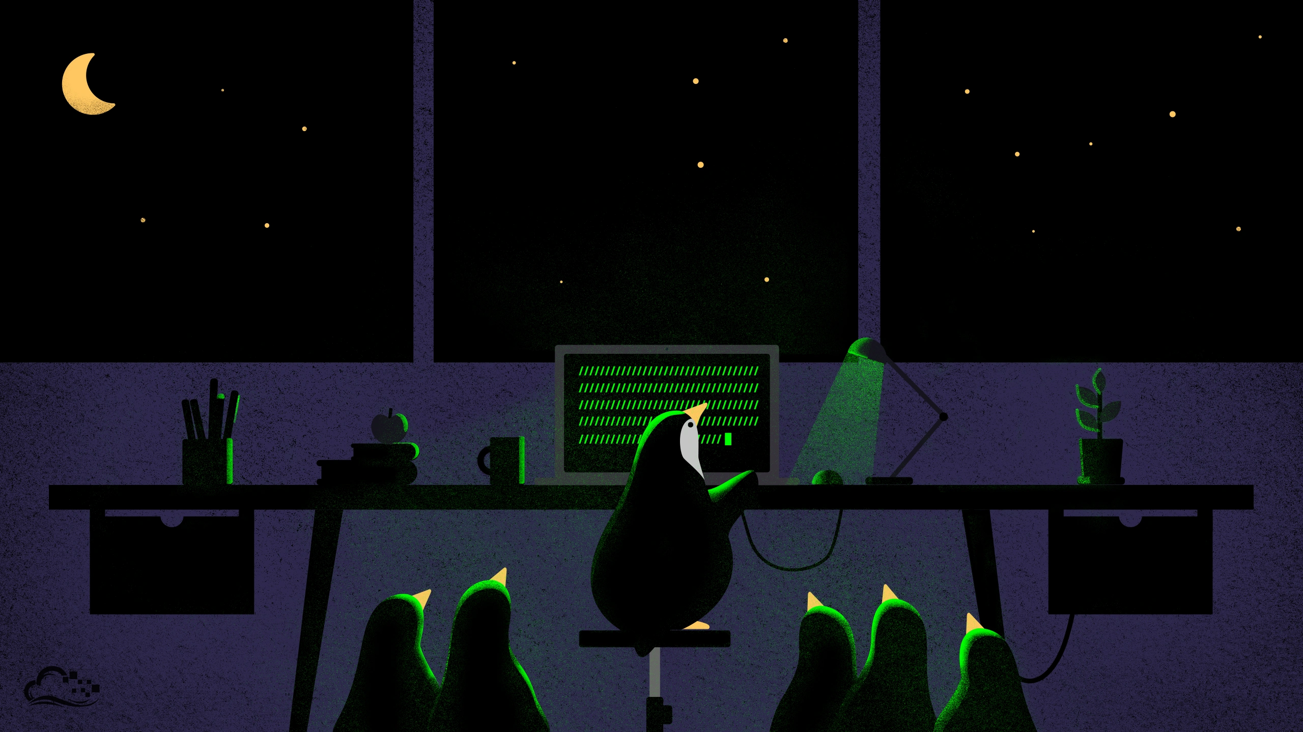 深色终端界面与 Linux 桌面壁纸。