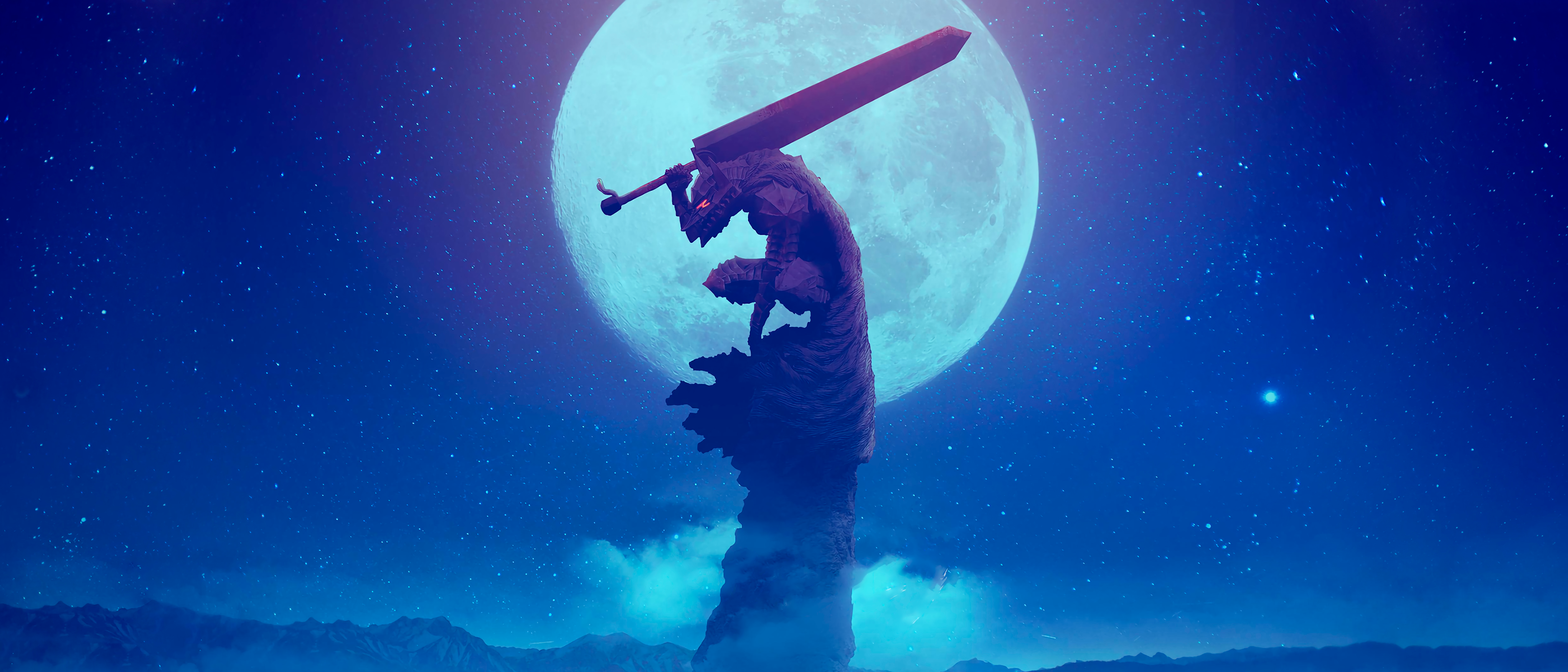 A lone figure carrying a massive blade beneath a bright moon and a blue night sky.